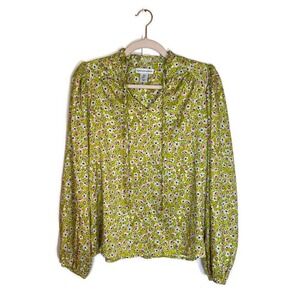 Cupcakes and Cashmere Sz S Floral Top Green Peasant Balloon Sleeve Tie Ruffle